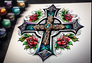 Cross made out of leather with watercolor background tattoo idea