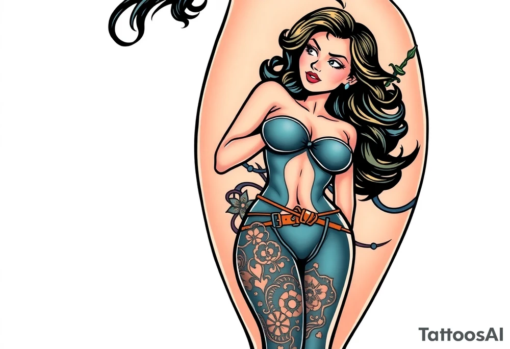 Stylized comic book woman in bondage on thigh tattoo idea