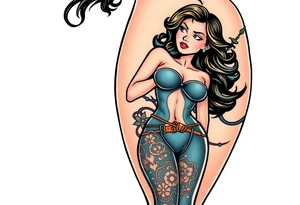 Stylized comic book woman in bondage on thigh tattoo idea