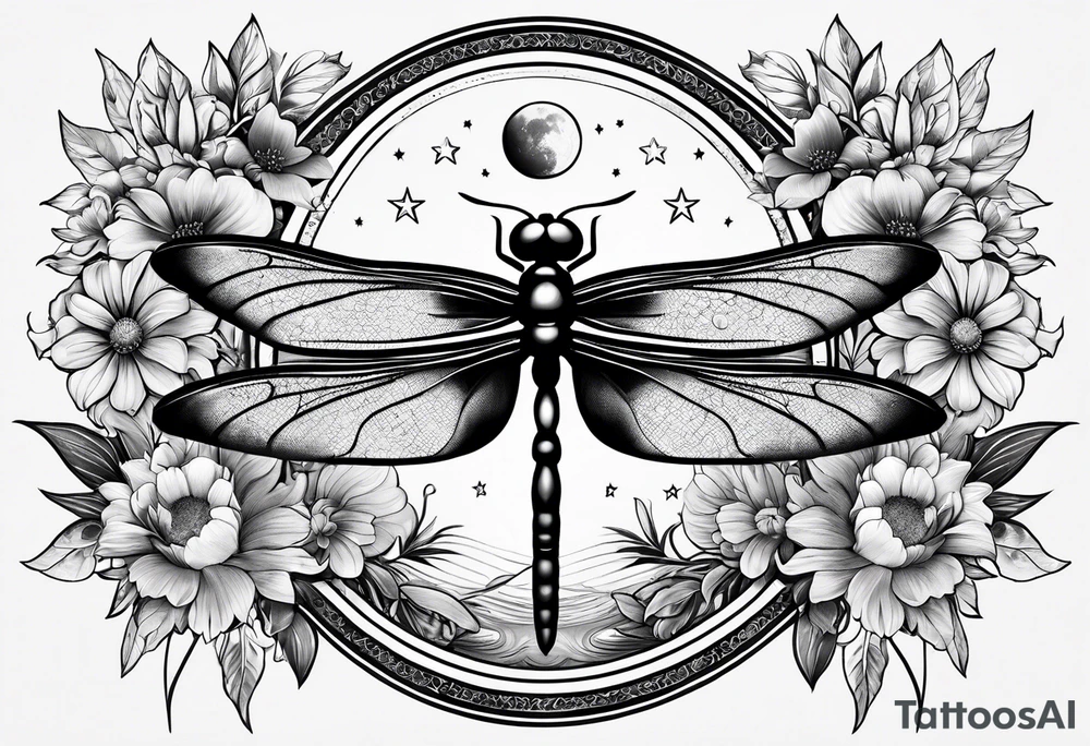 sun and moon together, dragonfly, something that covers the upper part of the arm, with some flowers and stars tattoo idea