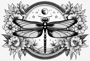 sun and moon together, dragonfly, something that covers the upper part of the arm, with some flowers and stars tattoo idea