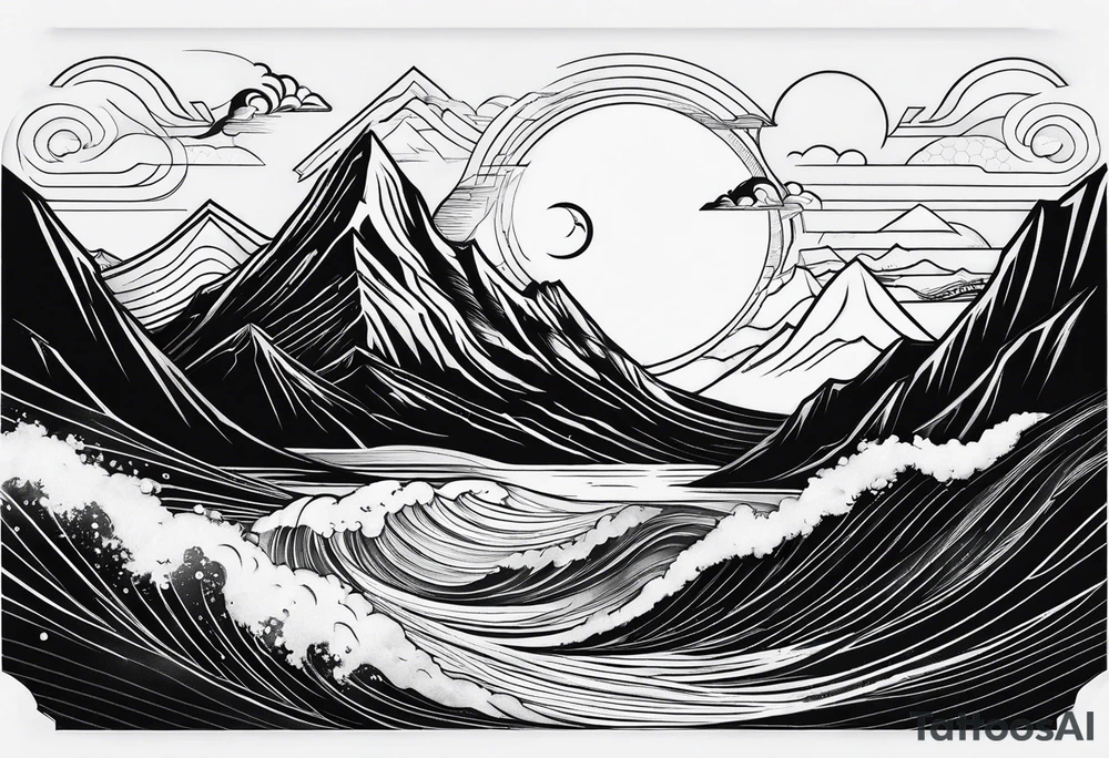 line art mountain vs space with waves tattoo idea