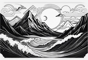 line art mountain vs space with waves tattoo idea