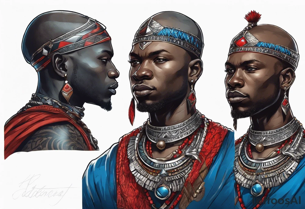 Black-skinned bald african warrior. He wears a simple and small silver crown. He wears two simple necklaces: one blue, other red. tattoo idea