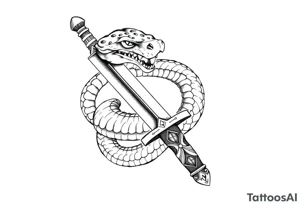 mystical snake coiled around an ancient dagger with jeweled hilt tattoo idea