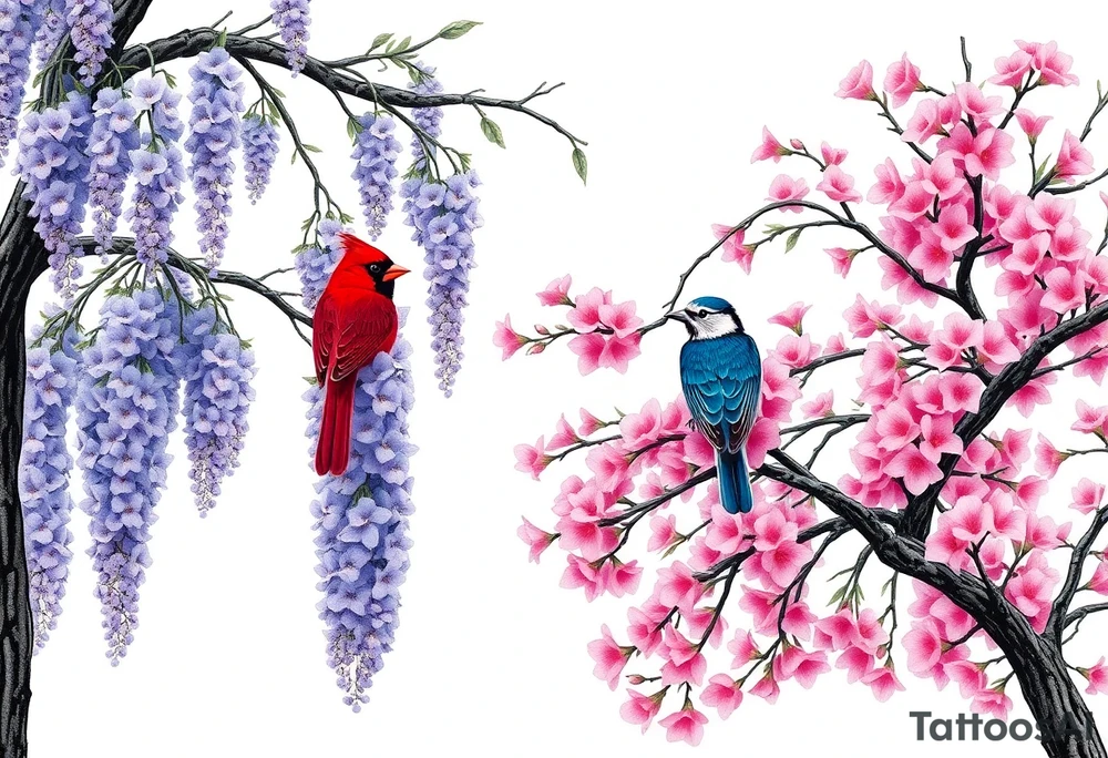 The American wisteria tree drapes gracefully with cascading clusters of lavender-blue flowers, its twisting vines wrapping around sturdy branches, creating a breathtaking canopy of delicate blossoms that sway gently in the breeze. Beside it, the Eastern redbud stands in striking contrast, its branches bursting with vibrant pink blossoms that cling tightly to the dark, twisting limbs, forming a cloud of rosy hues against the sky. Perched among the blooms, a brilliant red cardinal, a vivid indigo bunting, and a delicate downy woodpecker bring life to the scene— the cardinal’s crimson feathers glowing against the wisteria, the bunting’s deep blue plumage blending with the blossoms, and the woodpecker clinging to the redbud’s bark, its black-and-white speckled coat and soft red crown adding a final touch of natural harmony. tattoo idea
