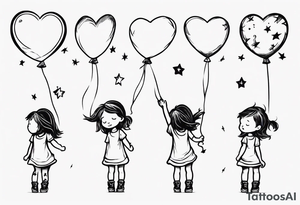 Little girl holding on to heart and star balloons and going up to the sky tattoo idea