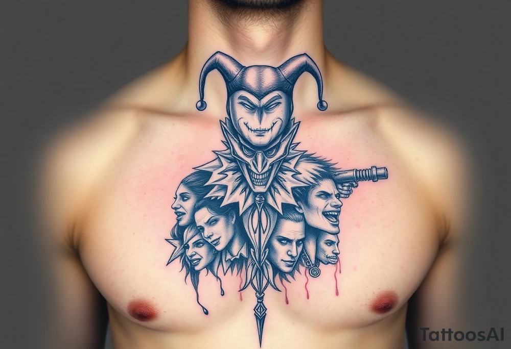 jester collage of emotions tattoo idea