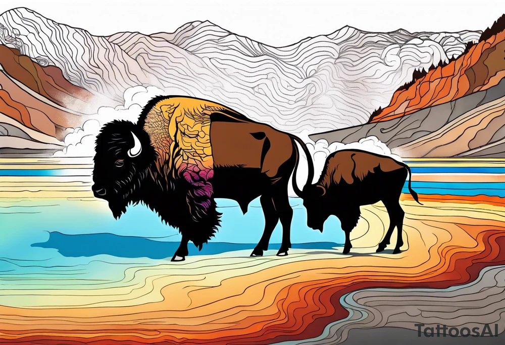 grand prismatic spring in a 
bison silhouette tattoo idea