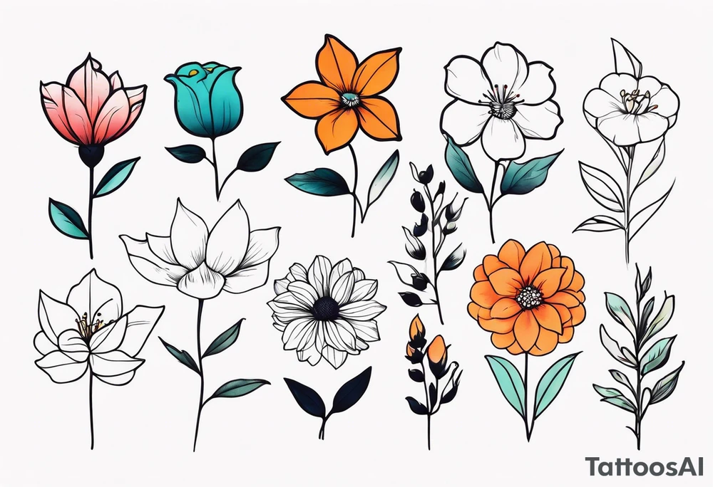 seven different flower tattoo idea