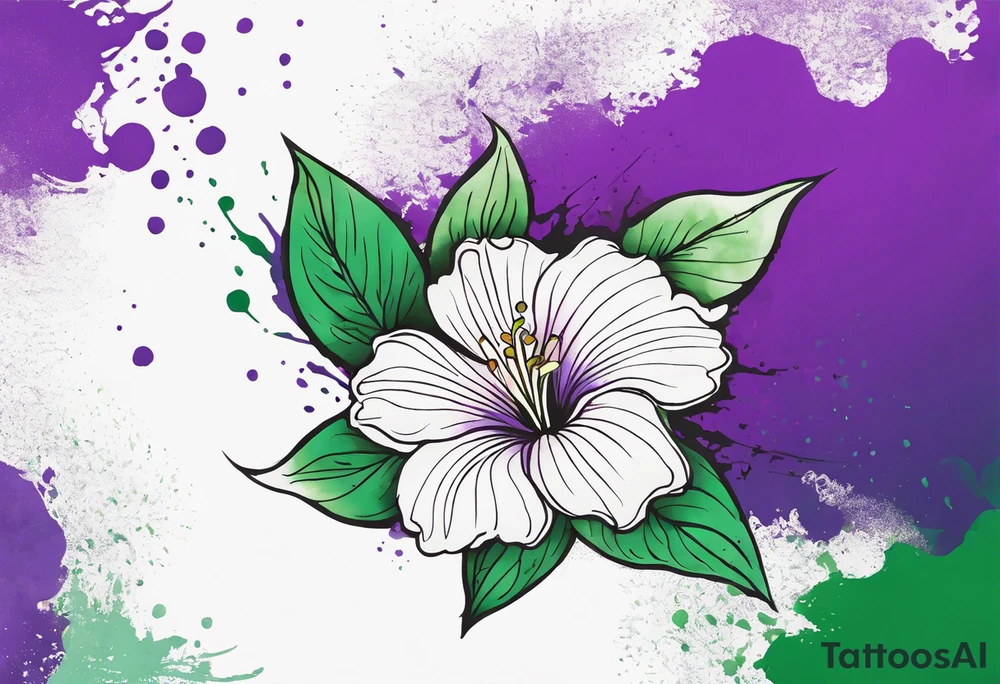 An outline of a rio dipladenia flower with a green/purple watercolor splash in the background tattoo idea