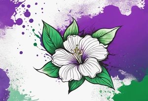 An outline of a rio dipladenia flower with a green/purple watercolor splash in the background tattoo idea
