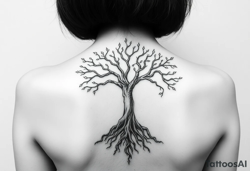 mystical tree of life with cosmic roots and celestial branches tattoo idea