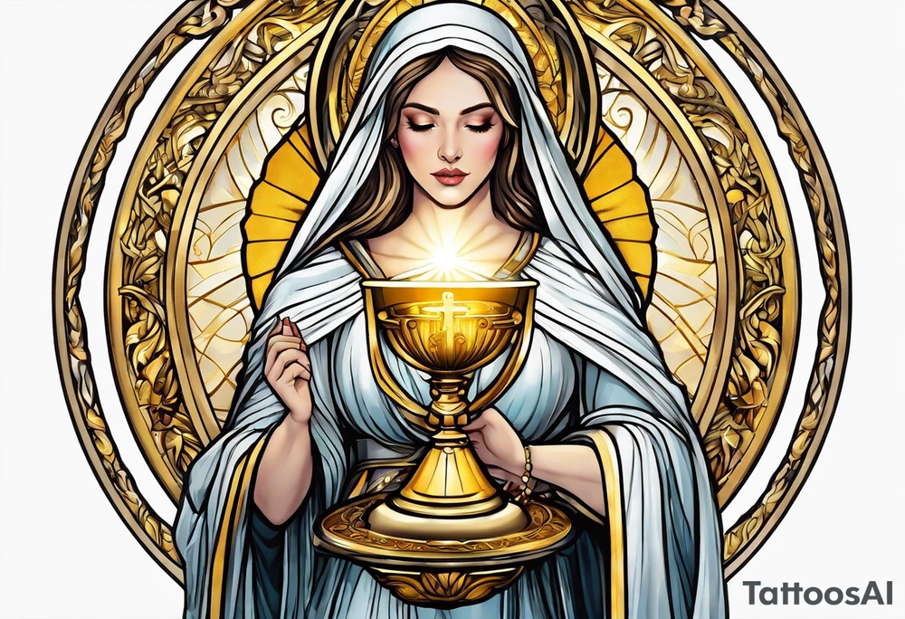 holy saint woman turned away with golden halo holding a chalice tattoo idea