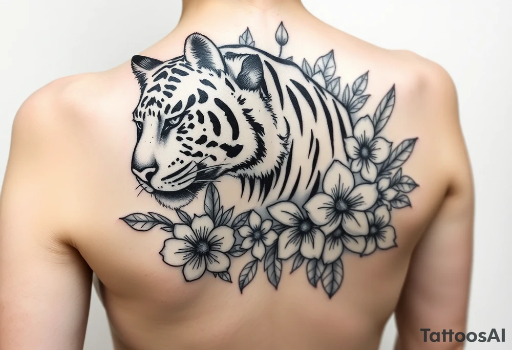 a whole tiger with some flowers around it tattoo idea