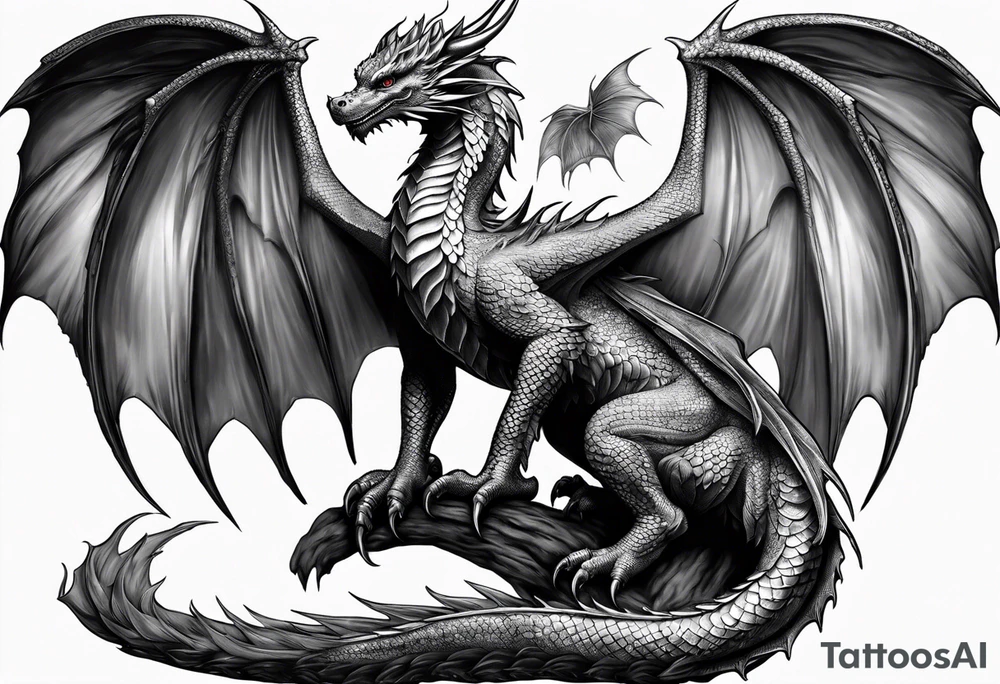 Mother dragon wings spread standing over her three young dragon babies tattoo idea
