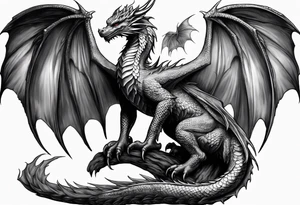 Mother dragon wings spread standing over her three young dragon babies tattoo idea