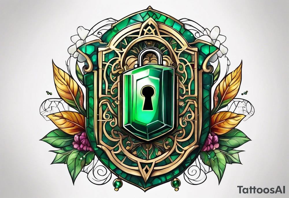 Lock and key with emerald stone tattoo idea