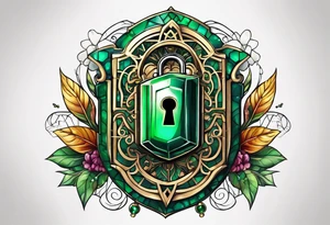 Lock and key with emerald stone tattoo idea