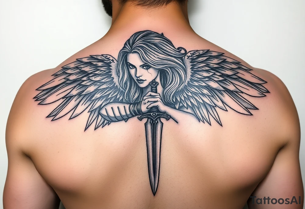 Fierce Female Angel warrior with dagger with dark shading tattoo idea
