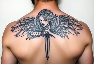 Fierce Female Angel warrior with dagger with dark shading tattoo idea