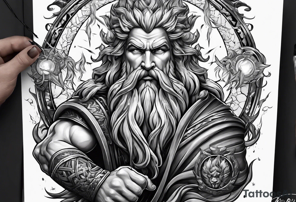 Zeus holding Lightning balls with Lightning eyes asserting dominance tattoo idea
