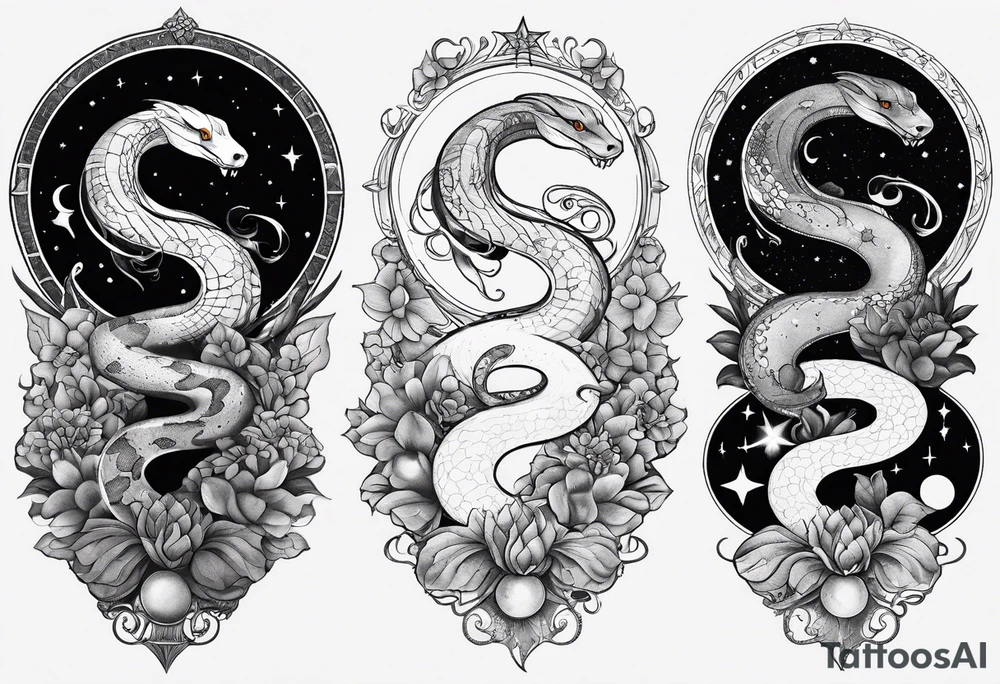 Snakes slithering around the moon phases with hades and Persephone constellations tattoo idea