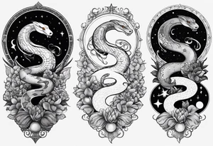 Snakes slithering around the moon phases with hades and Persephone constellations tattoo idea