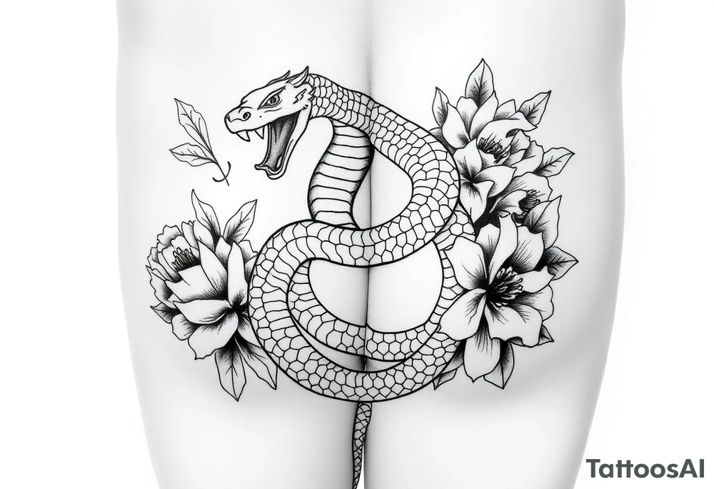 Kundalini cobra coiled around upper thigh surrounded by peonies tattoo idea
