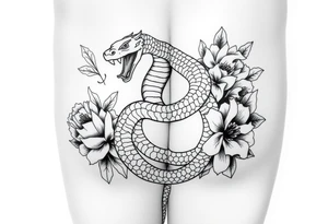 Kundalini cobra coiled around upper thigh surrounded by peonies tattoo idea
