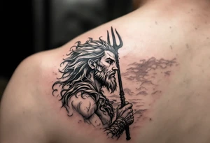 young poseidon, with trident, looking at the horizon tattoo idea