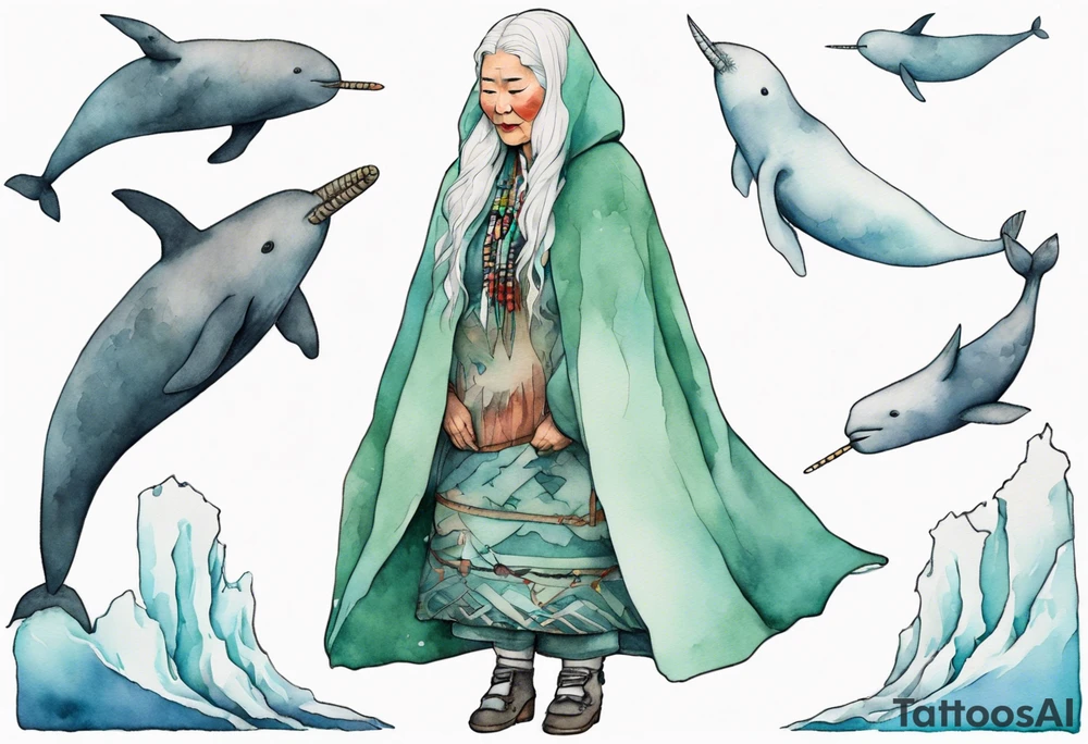 a 55-year-old Sami woman with white  hair wearing a white and mint cloak standing on an iceberg with a narwhal in the background tattoo idea