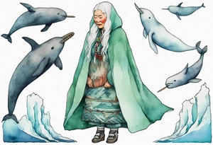 a 55-year-old Sami woman with white  hair wearing a white and mint cloak standing on an iceberg with a narwhal in the background tattoo idea