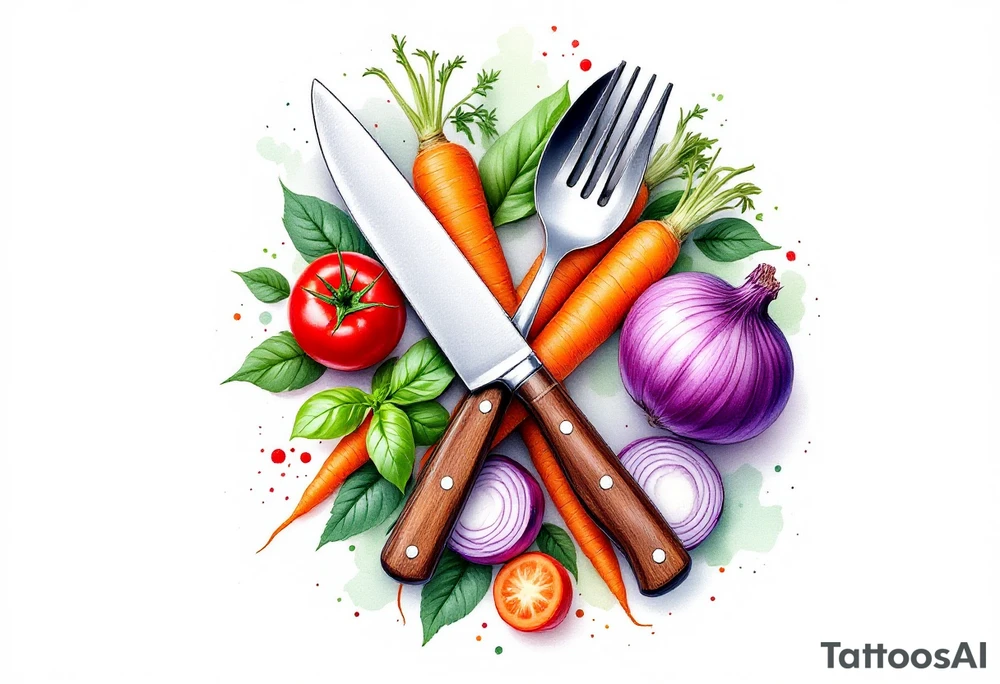 A realistic kitchen tattoo design showing a large silver kitchen knife with a dark brown wooden handle crossed over a shiny silver fork and spoon, all placed diagonally, surrounded by whole and sliced vegetables including bright red round tomatoes, leafy green basil, long orange carrots with green tops, and round purple onions with visible rings, all arranged in a circular wreath shape with a soft white background and subtle watercolor splashes of green, red, and orange for depth. tattoo idea
