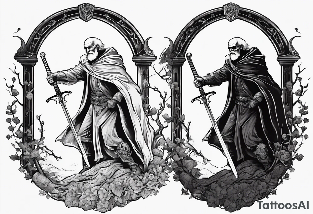 old man in cloak sword fighting with a skeleton tattoo idea