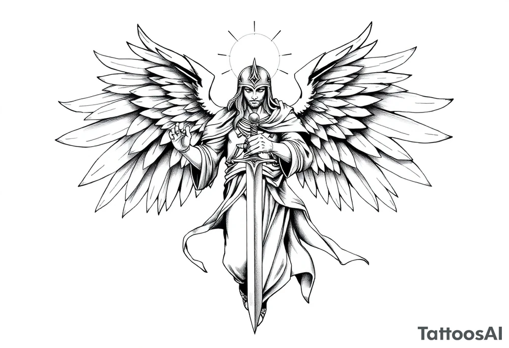 Holy Archangel, Biblical, Christianity, Hebrew, Guards of Christianity, Holding a sword, has six wings, wearing helmet, halo, seraphim, seek justice, walk only with God tattoo idea