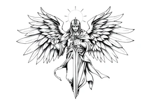 Holy Archangel, Biblical, Christianity, Hebrew, Guards of Christianity, Holding a sword, has six wings, wearing helmet, halo, seraphim, seek justice, walk only with God tattoo idea