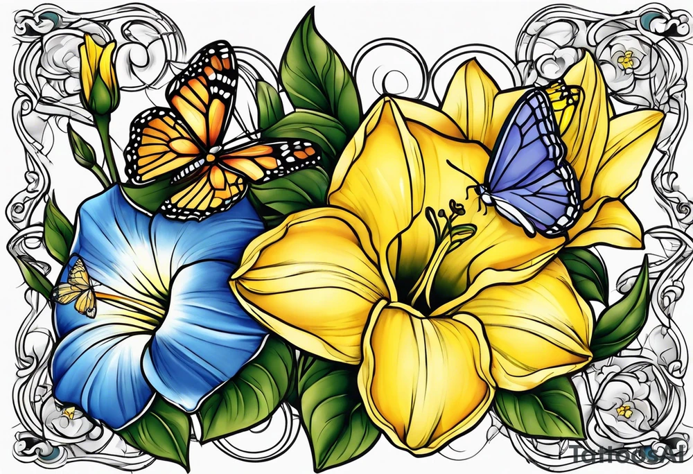 morning glory and daffodil with butterflies tattoo idea