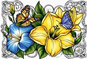 morning glory and daffodil with butterflies tattoo idea