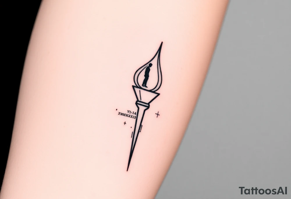 Black-ink forearm tattoo of an abstract torch representing a father’s legacy passed to his son. Torch flame is minimalistic lines and particle flow, fragmented at the base (father’s unfinished work) and bright/solid at the top (son continuing the legacy). Subtle abstract figure of father integrated at the top as if guiding or cheering. Include date VI·IV·MMXXIII hidden in linework and optional phrase “Building what he couldn’t”. Clean, vertical layout, minimalistic, fine-line, black ink only, emotionally resonant. tattoo idea