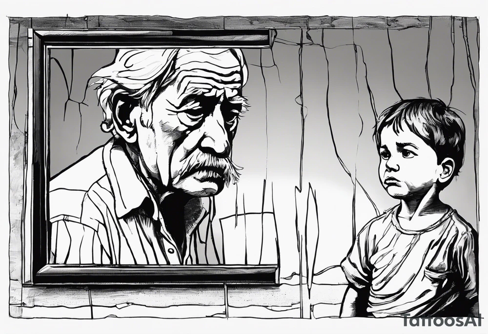 To visualize your idea:

The old, sad man stands in front of the mirror, with deep lines on his face, expressing sorrow and a sense of loss.
The mirror reflects a joyful child, symbolizing lost youth, innocence, and nostalgia. The child’s reflection should be bright, standing in stark contrast to the man’s appearance.
Surrounding them are wilted flowers, such as roses and lilies, representing the fragility of life and time passing.
Dark, heavy shading and contrasts would emphasize the melancholic atmosphere. tattoo idea