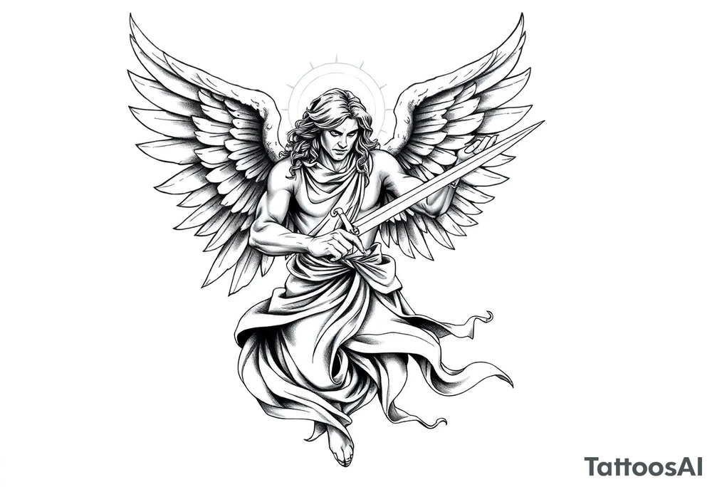 Archangel Michael holding a sword, ready for battle, defeating Lucifer tattoo idea