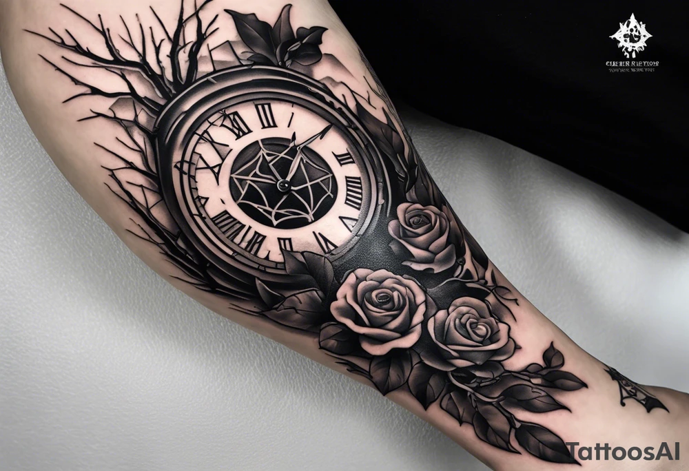 tattoo sleeve, tree roots break out of the chains at the bottom of the hand, Symbolizing loss, an image of a broken mask, Clock with flying numbers, girl, skull, roses tattoo idea