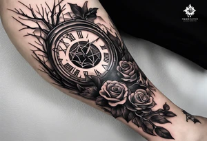 tattoo sleeve, tree roots break out of the chains at the bottom of the hand, Symbolizing loss, an image of a broken mask, Clock with flying numbers, girl, skull, roses tattoo idea