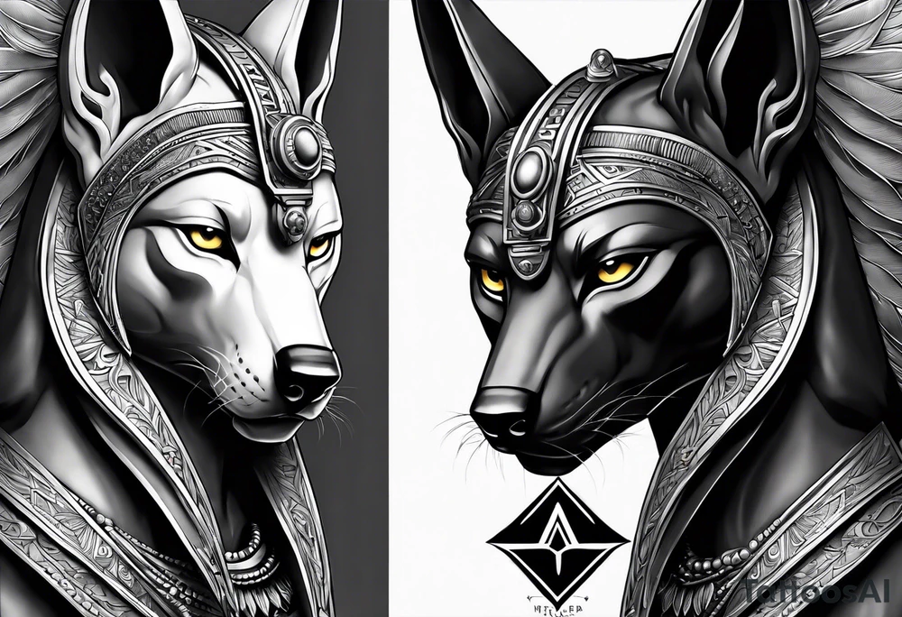 The war between Anubis  and ra tattoo sleeve design
Building and people tattoo idea