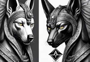 The war between Anubis  and ra tattoo sleeve design
Building and people tattoo idea