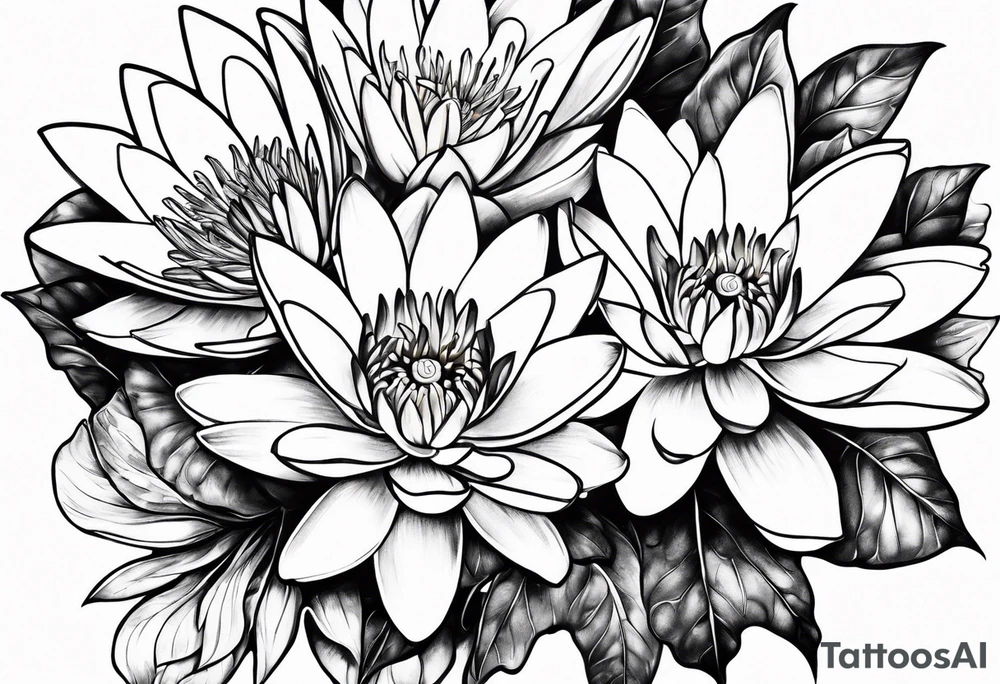 Water lily and larkspur bouquet tattoo idea