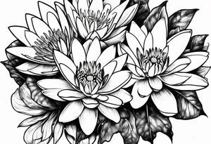 Water lily and larkspur bouquet tattoo idea