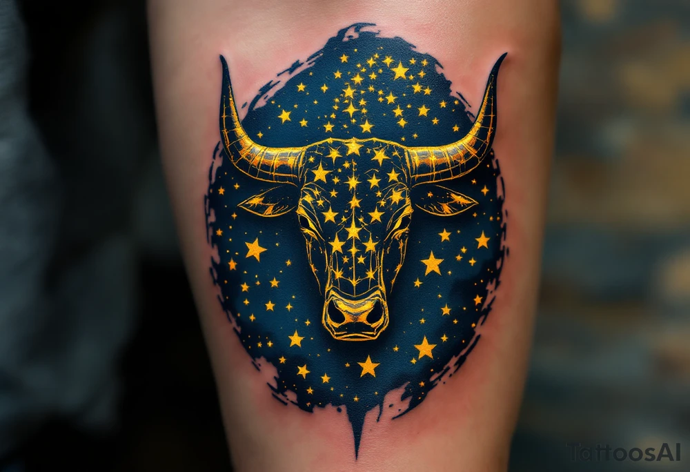 The bull made of Taurus stars charges silently, glowing with golden persistence through a navy sky. tattoo idea