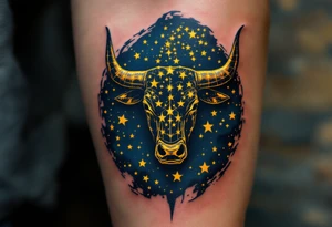 The bull made of Taurus stars charges silently, glowing with golden persistence through a navy sky. tattoo idea